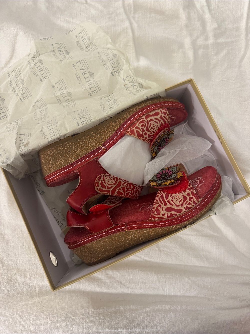 Spring Step Red Floral Cork Wedge Sandals with Appliqué
